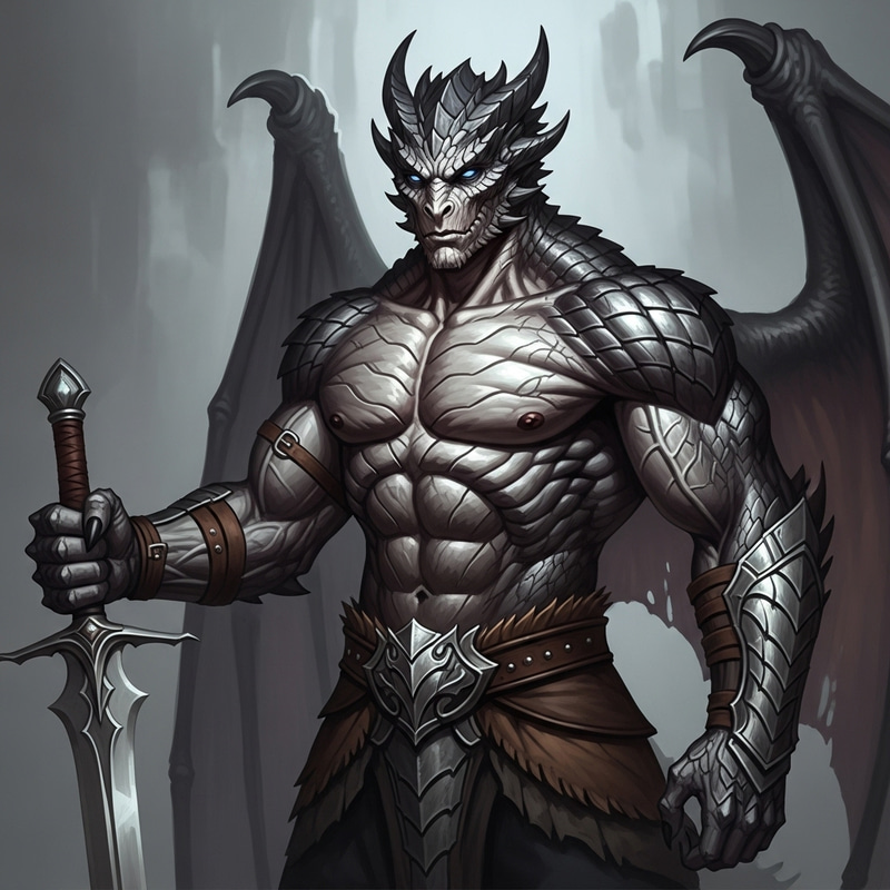 Muscular Silver-Black Dragonborn Barbarian with Long Sword Muscular Silver-Black Dragonborn Barbarian with Long Sword