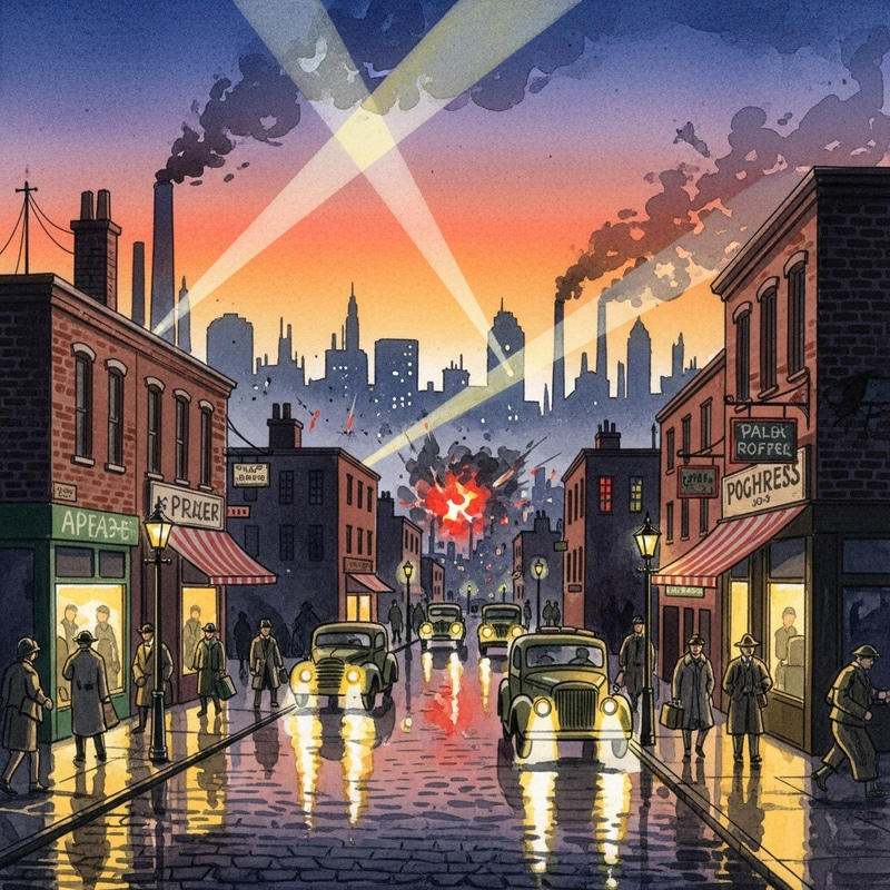 Vibrant WWII Cityscape Watercolor Art