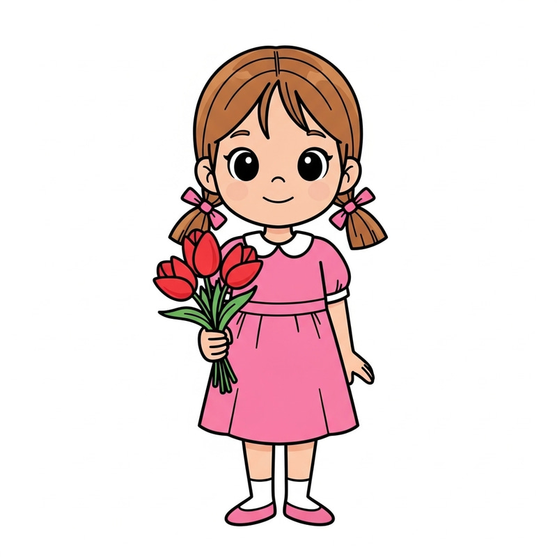 Small Cartoon Girl with Tulips on White Background in Pink Dress Small Cartoon Girl with Tulips on White Background in Pink Dress
