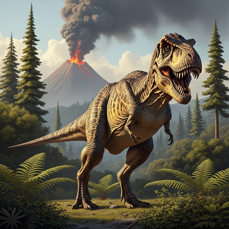 Detailed Tyrannosaurus Rex Illustration in Lush Prehistoric Landscape Detailed Tyrannosaurus Rex Illustration in Lush Prehistoric Landscape