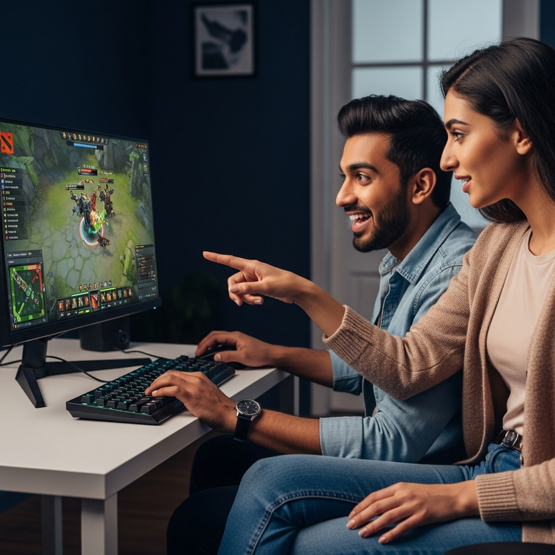 Couple Gaming Dota 2: Exciting Moment with Asian Man and Middle-Eastern Girlfriend Couple Gaming Dota 2: Exciting Moment with Asian Man and Middle-Eastern Girlfriend