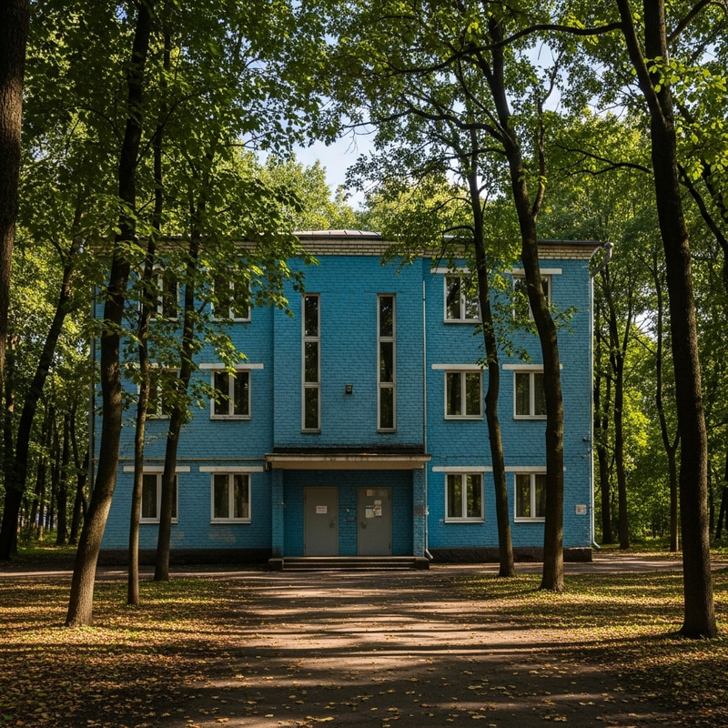 Blue Brick Building in Forest | Vintage Architecture 1947 Blue Brick Building in Forest | Vintage Architecture 1947