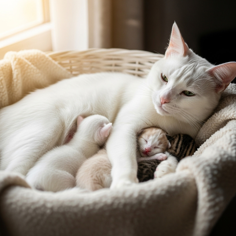 White Cat with her Kittens: Adorable Family Moments