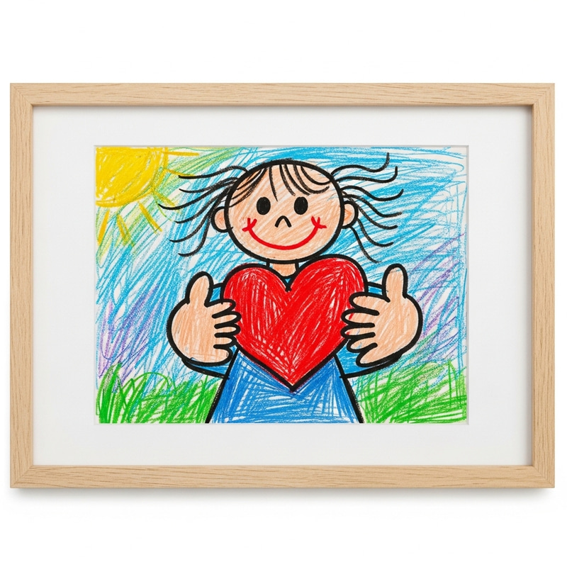 Charming Girl Holding Heart Drawing in Thick Crayon