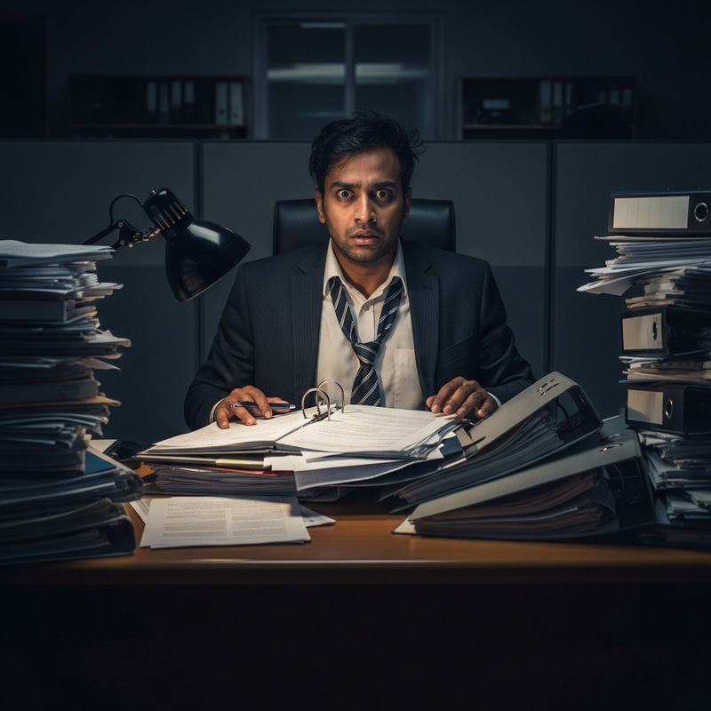 Scared South Asian Businessman Overloaded with Work - Job Insecurity Scared South Asian Businessman Overloaded with Work - Job Insecurity
