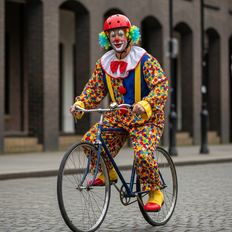 Clown with Helmet Riding Bike Close-Up Clown with Helmet Riding Bike Close-Up