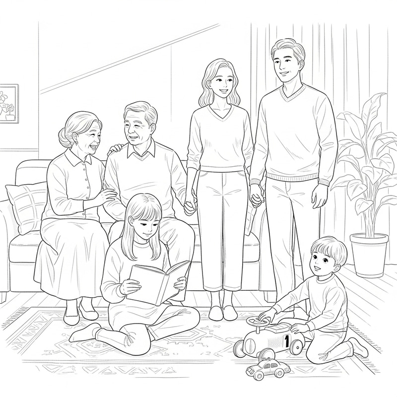 East Asian Family Line Sketch - Warm Moments East Asian Family Line Sketch - Warm Moments