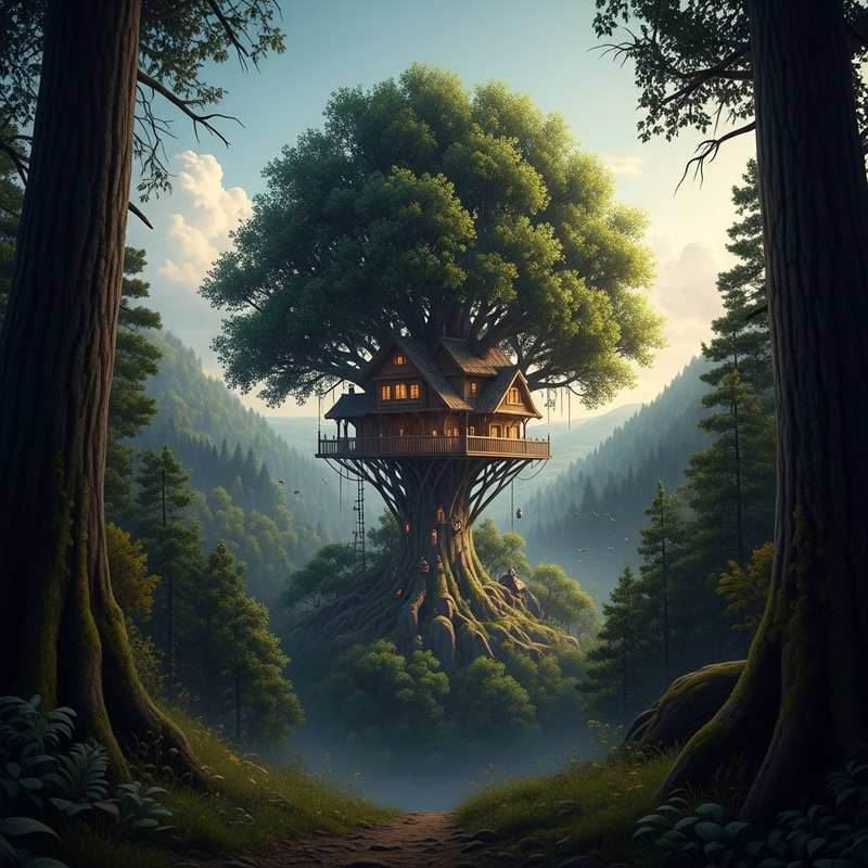 Atmospheric Tree House in Cinematic Forest | Hyper Realistic 16K Epic Landscape View Atmospheric Tree House in Cinematic Forest | Hyper Realistic 16K Epic Landscape View