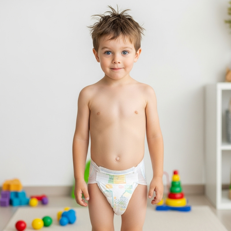 Cute 8-Year-Old Boy with Blue Eyes in White Diaper