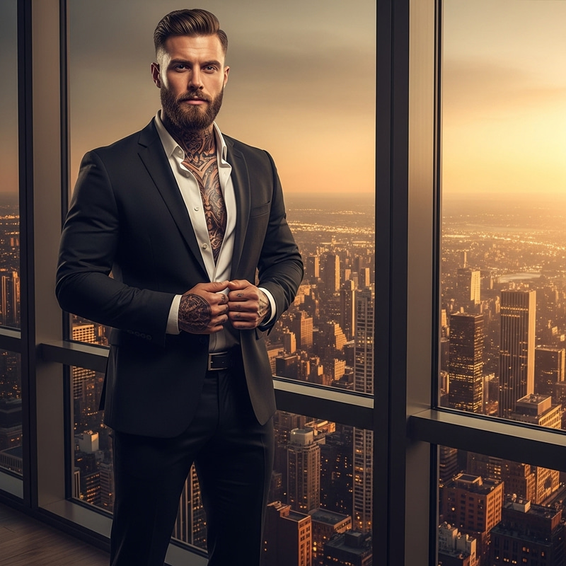 Intriguing Urban Romance: Russian Man with Storytelling Tattoos in NYC Office Scene Intriguing Urban Romance: Russian Man with Storytelling Tattoos in NYC Office Scene