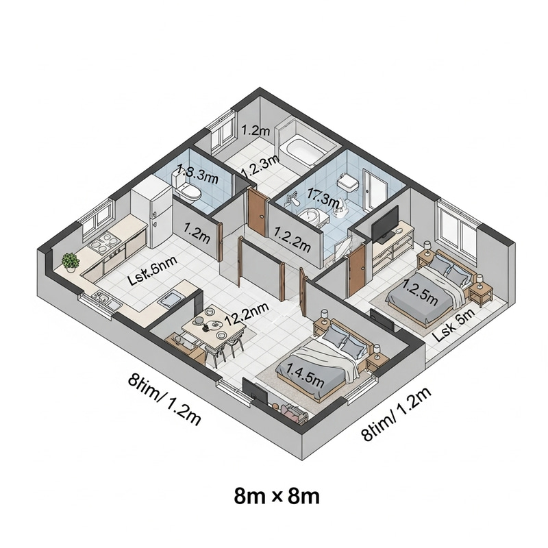 Isometric House Design: 8m x 8m Layout with Essentials Isometric House Design: 8m x 8m Layout with Essentials