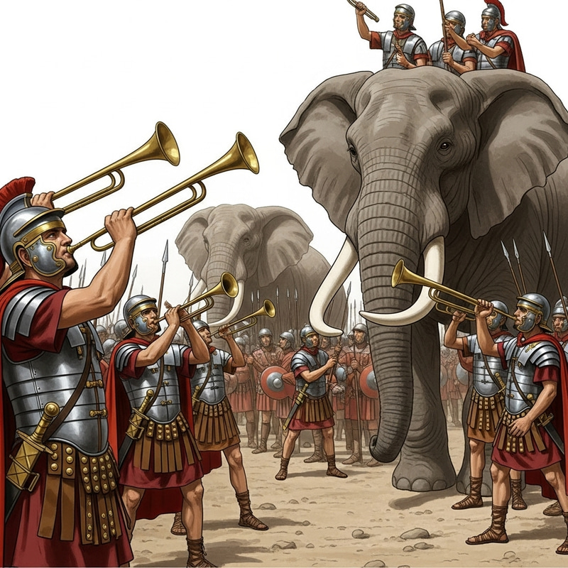 Battle of Zama: Roman Soldiers Trumpeting Fear into Hannibal's War Elephants Battle of Zama: Roman Soldiers Trumpeting Fear into Hannibal's War Elephants