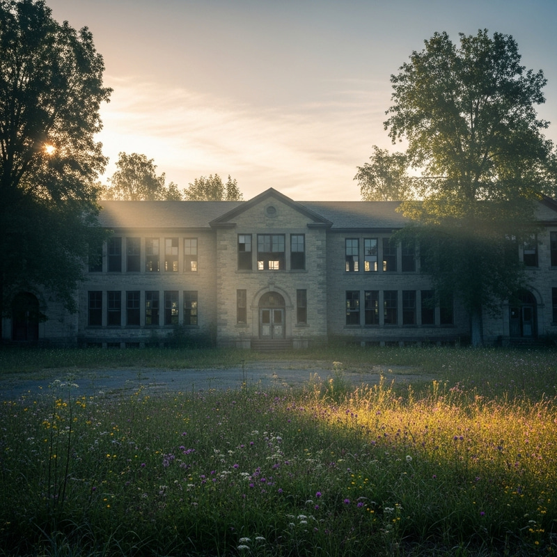 Early Morning Scene at Abandoned School: A Haunting Beauty Early Morning Scene at Abandoned School: A Haunting Beauty