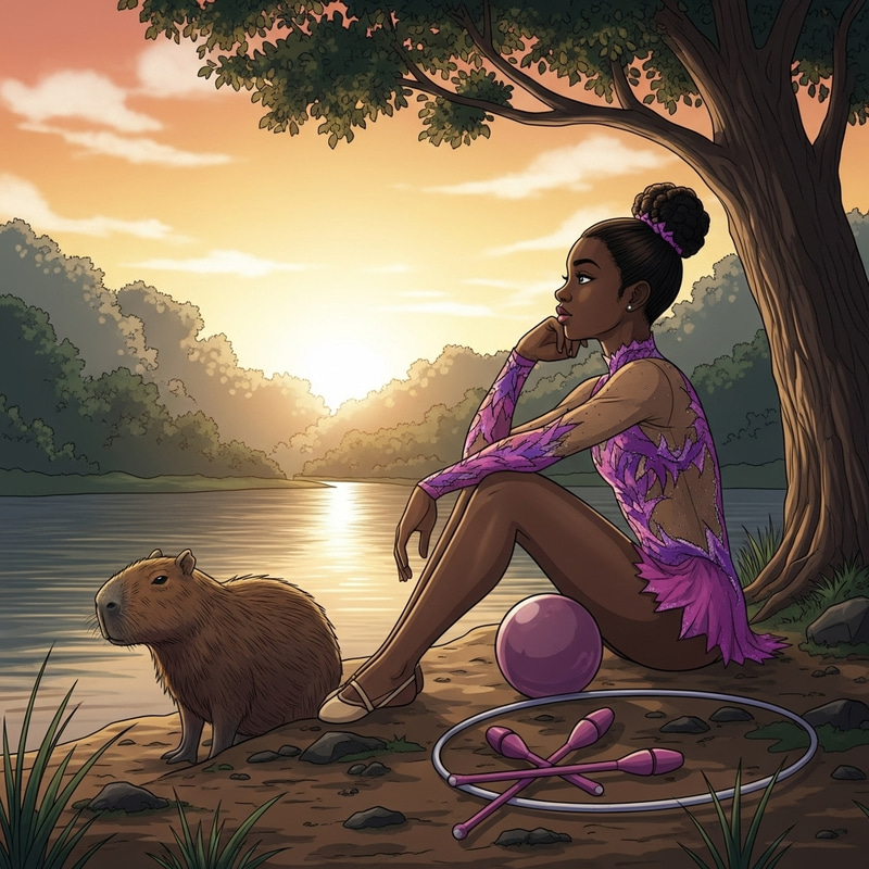 Black Girl Rhythmic Gymnastics by River in Forest with Capybara at Sunrise Black Girl Rhythmic Gymnastics by River in Forest with Capybara at Sunrise