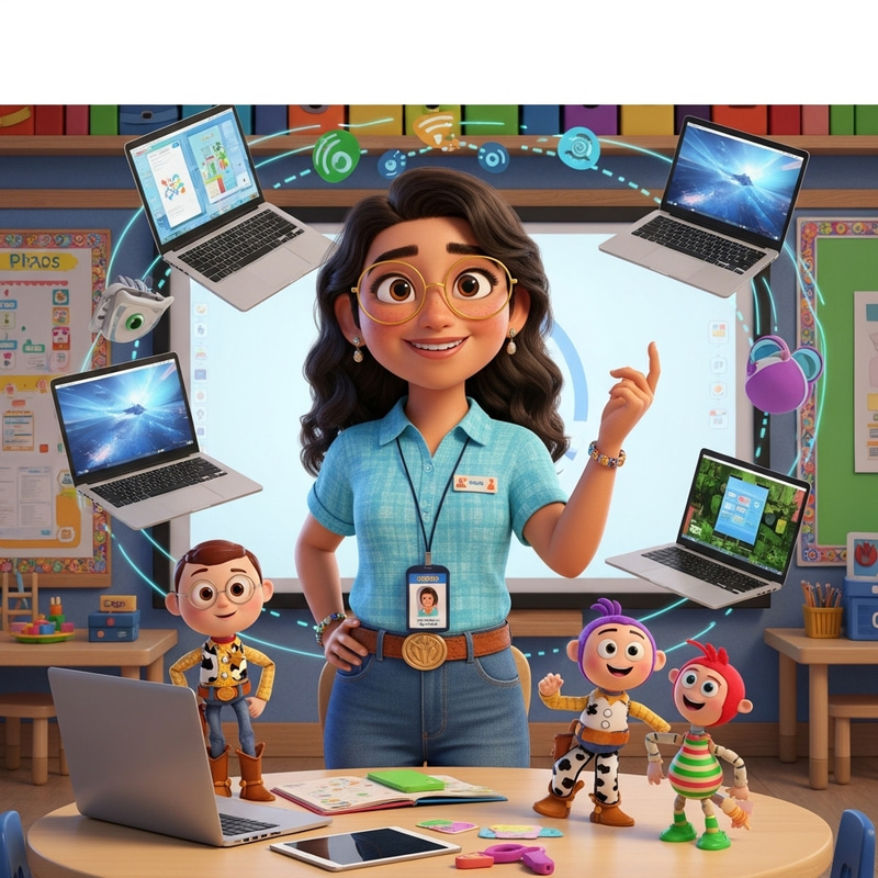 Hispanic Preschool Teacher with Modern Classroom Tech Hispanic Preschool Teacher with Modern Classroom Tech