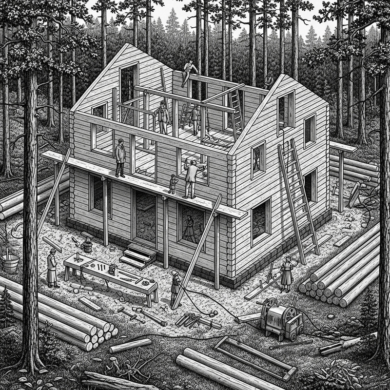 Detailed Black and White Construction Scene in Forest Detailed Black and White Construction Scene in Forest