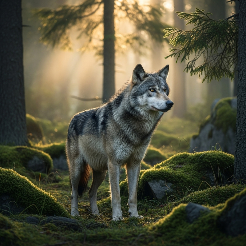 Majestic Grey Wolf in Coniferous Forest - Wildlife Photography Majestic Grey Wolf in Coniferous Forest - Wildlife Photography