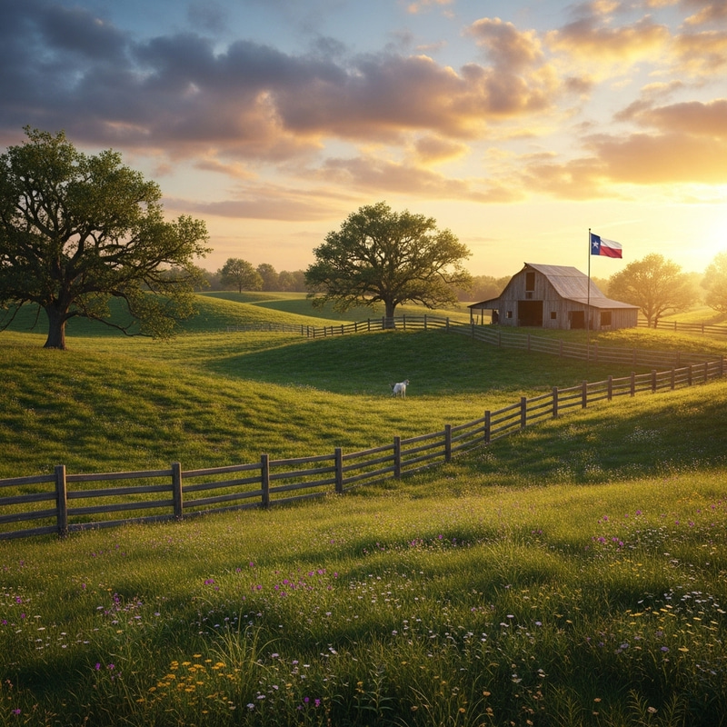 Sunlit Farm Landscape with Oak Trees and Texas Flag | Stunning Views Sunlit Farm Landscape with Oak Trees and Texas Flag | Stunning Views