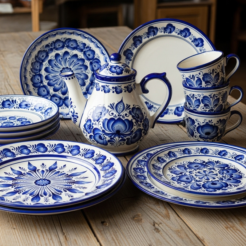 Handcrafted Gzhel Clay Items Adorn Rustic Table Handcrafted Gzhel Clay Items Adorn Rustic Table