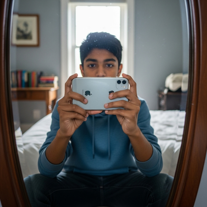 14-Year-Old Boy Capturing Mirror Selfie with iPhone