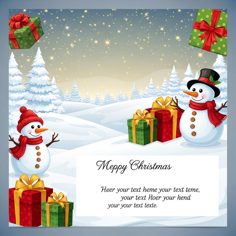 Festive Christmas Postcard with Snowmen and Gifts Festive Christmas Postcard with Snowmen and Gifts