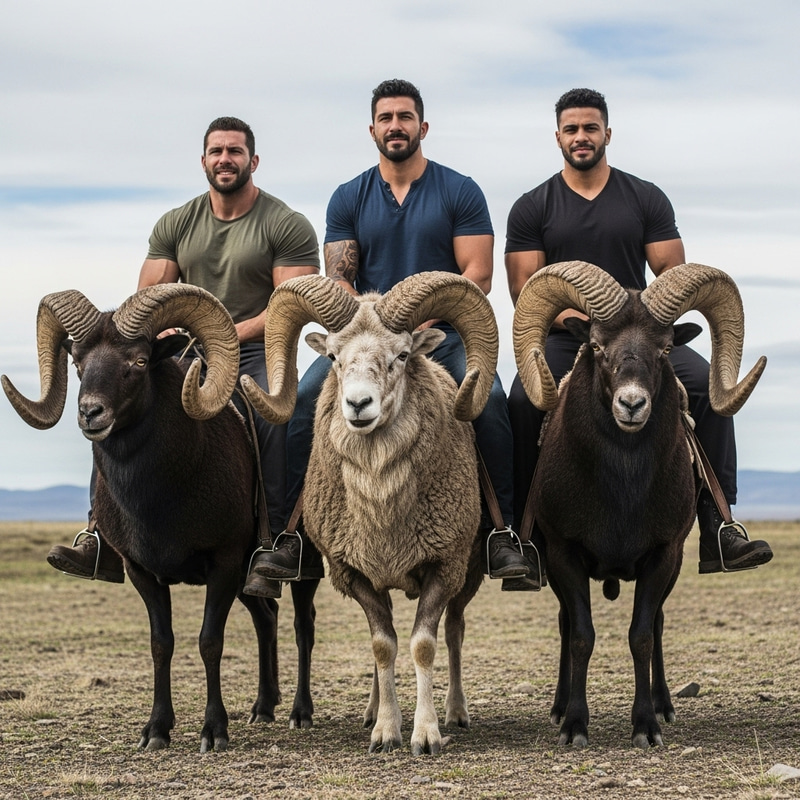 Three Strong Men Riding Majestic Horned Sheep