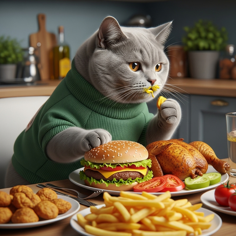 Plump British Shorthair Kitten in Green Sweater Dining Scene Plump British Shorthair Kitten in Green Sweater Dining Scene