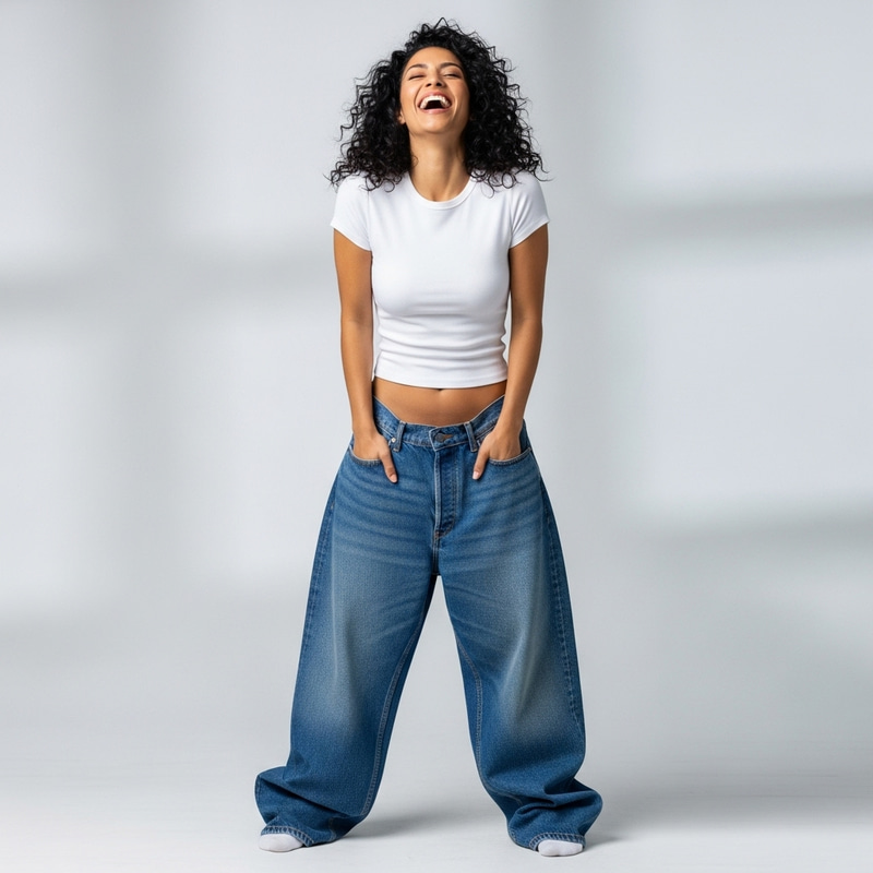 Laughing Woman in Oversized Jeans | Joyful & Standing