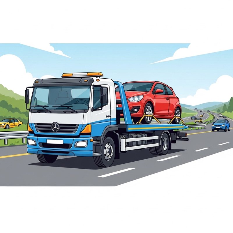 Tow Truck Transporting a Car on the Highway Tow Truck Transporting a Car on the Highway