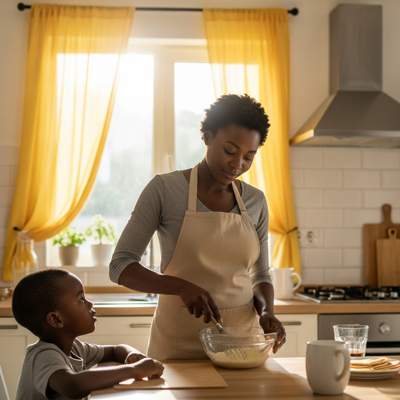 African Mom Cooks Delicious Pancakes in the Morning