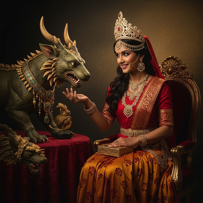 Dramatic Encounter: Petite Woman & Mythical Creature in Baroque Setting Dramatic Encounter: Petite Woman & Mythical Creature in Baroque Setting