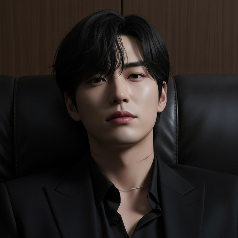 Intense Portrait of Korean Man on Plush Leather Sofa