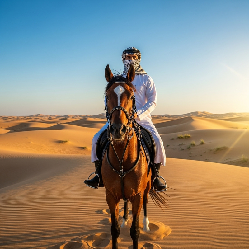 Arab Cowboy on Horse in Desert Landscape Arab Cowboy on Horse in Desert Landscape