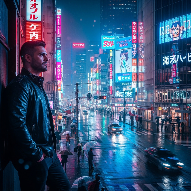 Hispanic Male in Neon Cityscape - Urban Japan Nightlife View Hispanic Male in Neon Cityscape - Urban Japan Nightlife View
