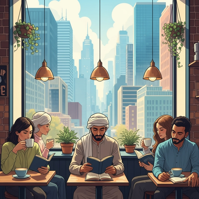 Cozy Coffee Shop in City Centre with Diverse Patrons Cozy Coffee Shop in City Centre with Diverse Patrons