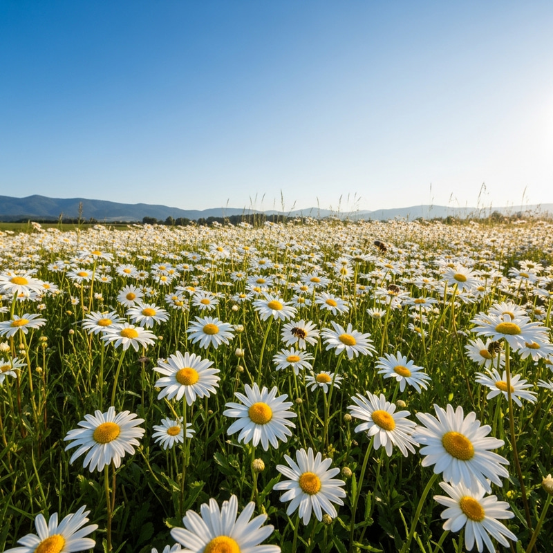 Serene Morning Landscape: Blooming Daisies & Gentle Bees Serene Morning Landscape: Blooming Daisies & Gentle Bees