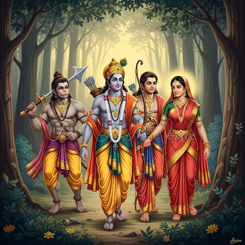 Divine Ram and His Family with Hanuman in Jungle