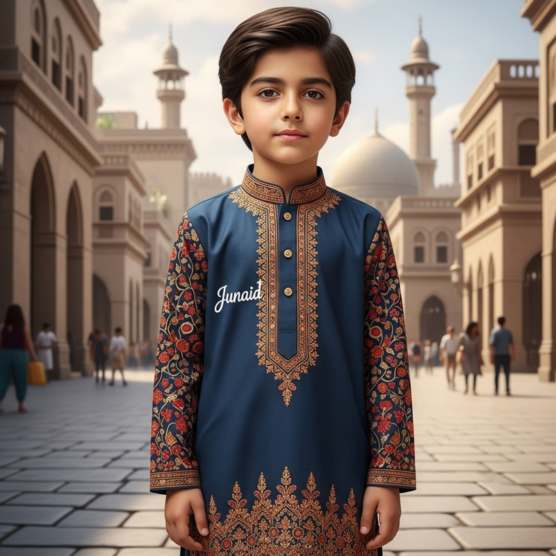 Young Islamic Boy 'Junaid' in Vibrant Kurta Pajamas Young Islamic Boy 'Junaid' in Vibrant Kurta Pajamas