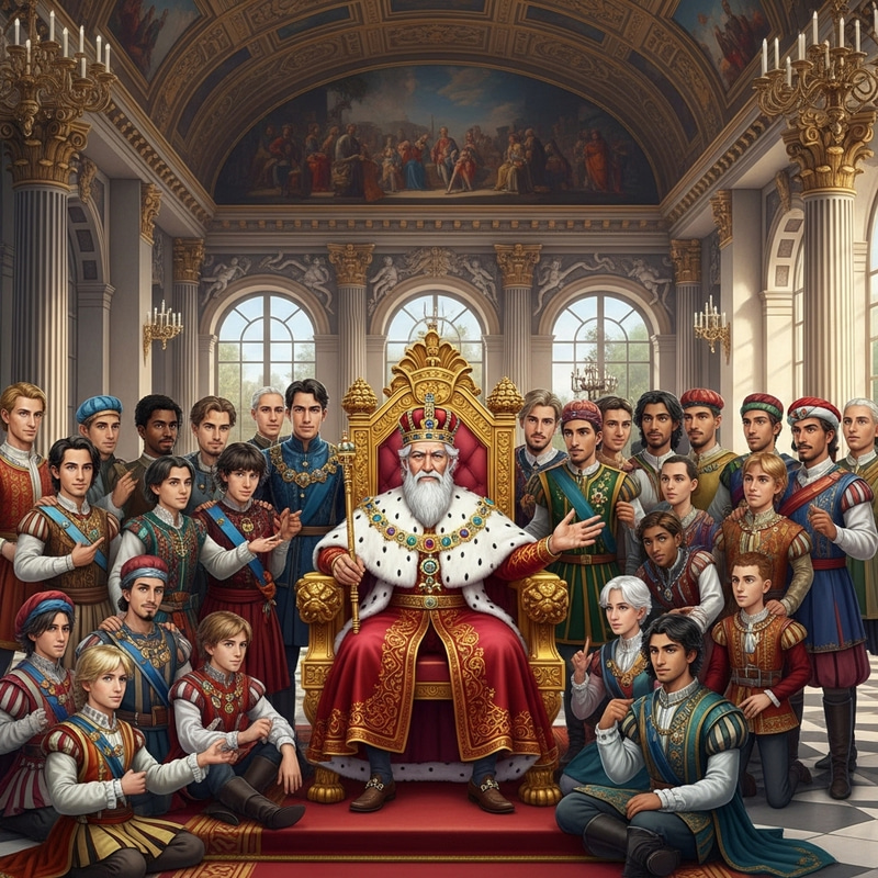 Opulent Palace Scene: Elderly King & 20 Princely Sons - Harmonious Royal Gathering Opulent Palace Scene: Elderly King & 20 Princely Sons - Harmonious Royal Gathering