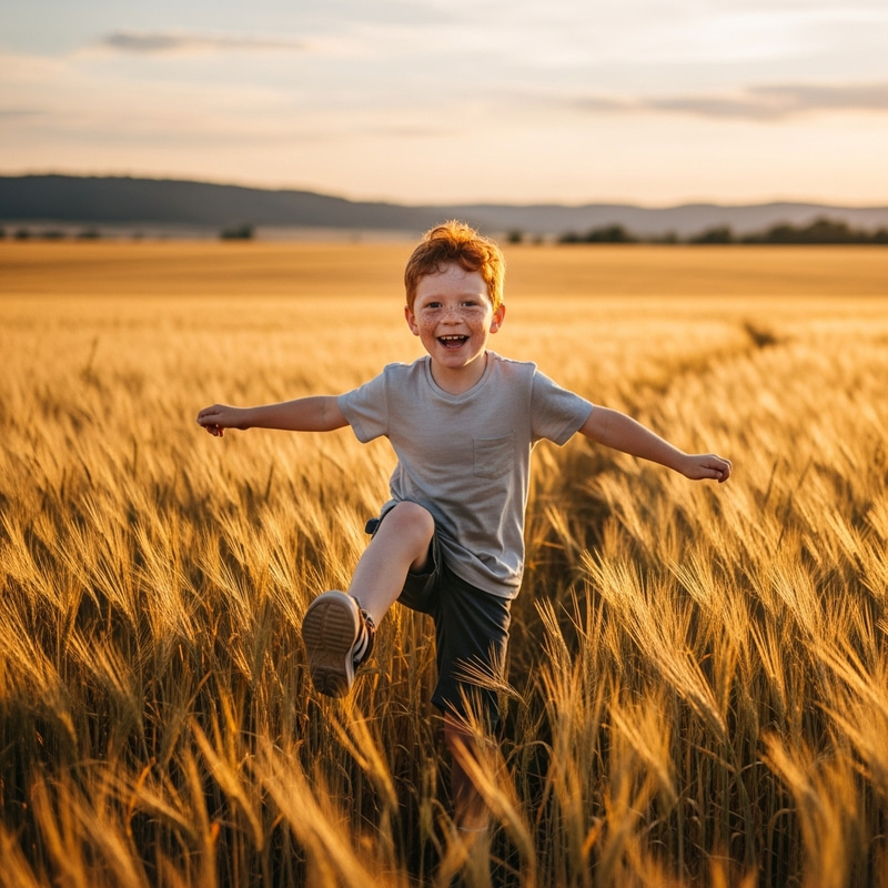 Cheerful Redheaded Boy Dancing in Golden Meadow Cheerful Redheaded Boy Dancing in Golden Meadow