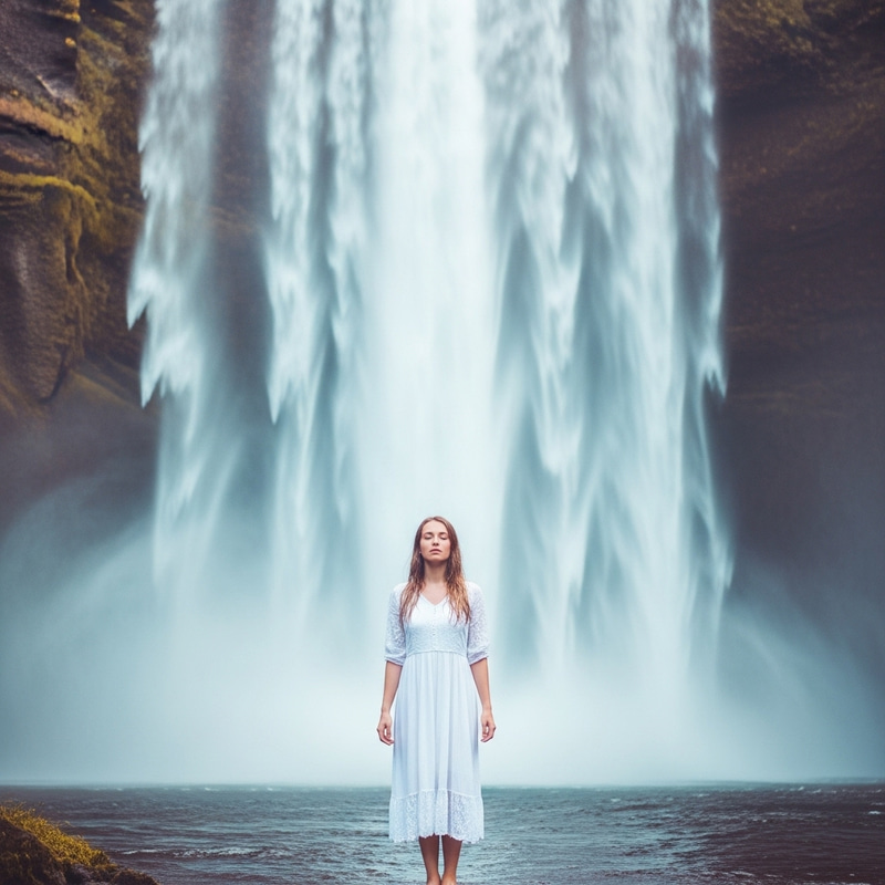Enchanting Beauty: European Girl in White Dress at Majestic Waterfall Enchanting Beauty: European Girl in White Dress at Majestic Waterfall