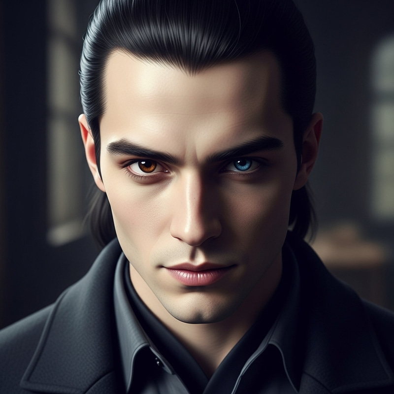 Mysterious Young Man with Dark Hair and Heterochromia in Dark Attire Mysterious Young Man with Dark Hair and Heterochromia in Dark Attire