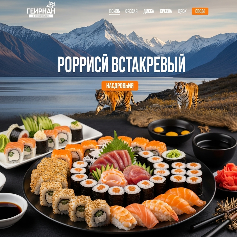 Russian Far East Sushi Scene with Tiger: Mountain Views Russian Far East Sushi Scene with Tiger: Mountain Views