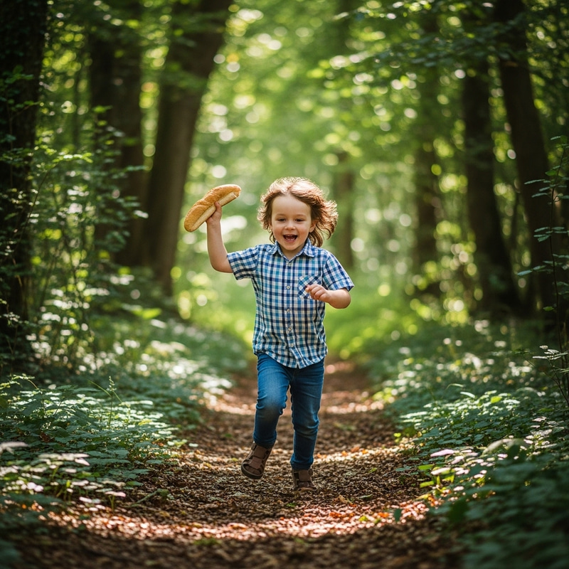 Young Child Running Through Forest with Bread - Outdoor Exploration Young Child Running Through Forest with Bread - Outdoor Exploration