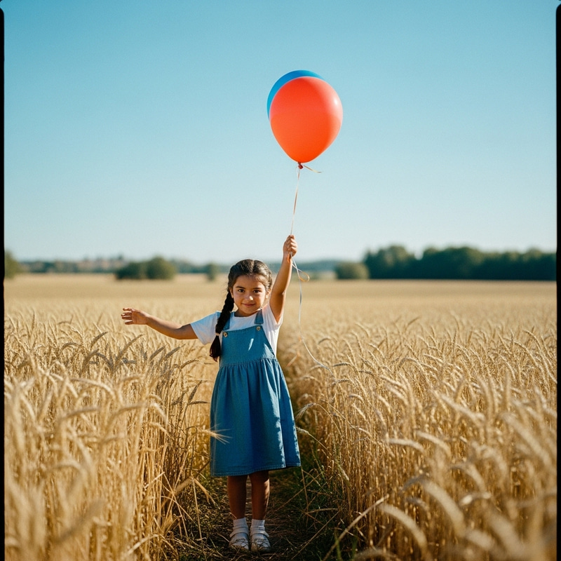 Dreamy Wheat Field Scene: Vibrant Ballon-Holding Girl