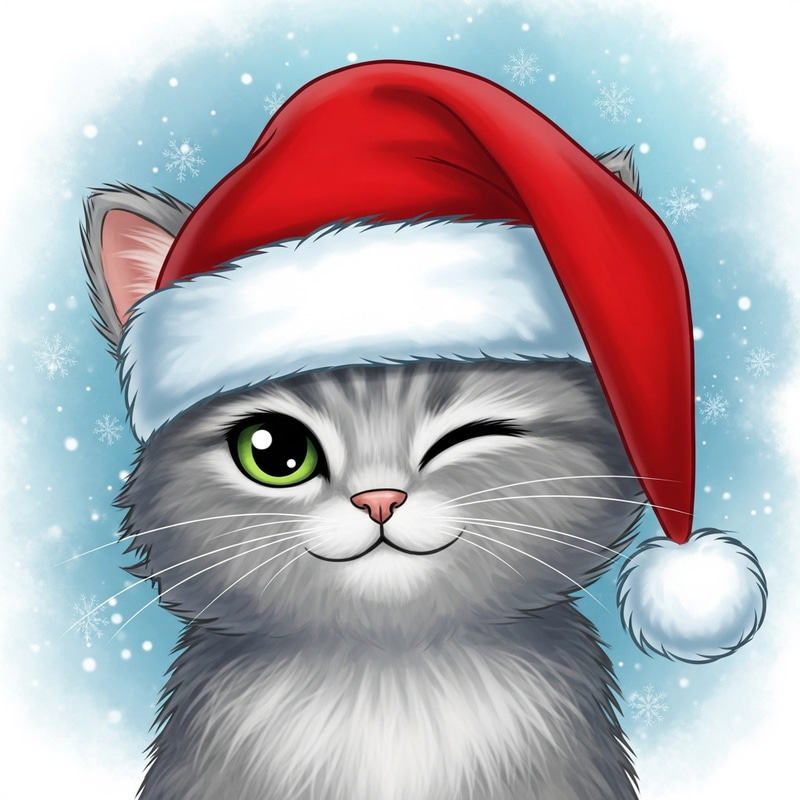 Cartoon Cat in Santa Hat | Festive Holiday Illustration