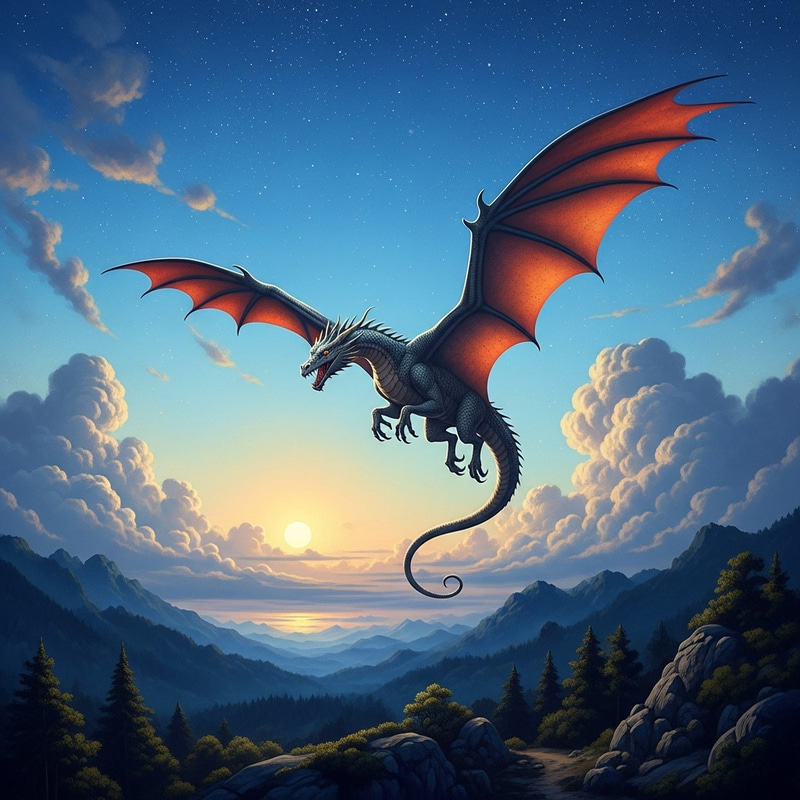 Majestic Dragon Flight in Fantastical Night Sky Majestic Dragon Flight in Fantastical Night Sky