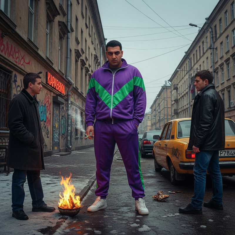 Russia 90s: Menacing Purple-Green Tracksuit Bully Russia 90s: Menacing Purple-Green Tracksuit Bully