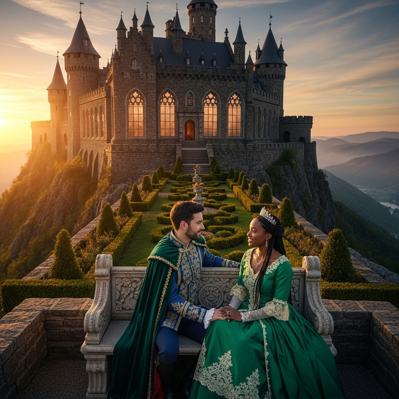 Mountain Peak Castle with Multicultural Royal Couple Mountain Peak Castle with Multicultural Royal Couple