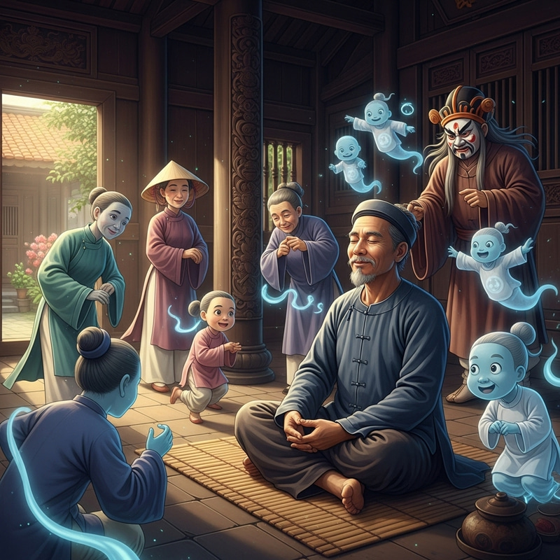 Tranquil Vietnamese Man Smiling Among Asian Spirits Tranquil Vietnamese Man Smiling Among Asian Spirits